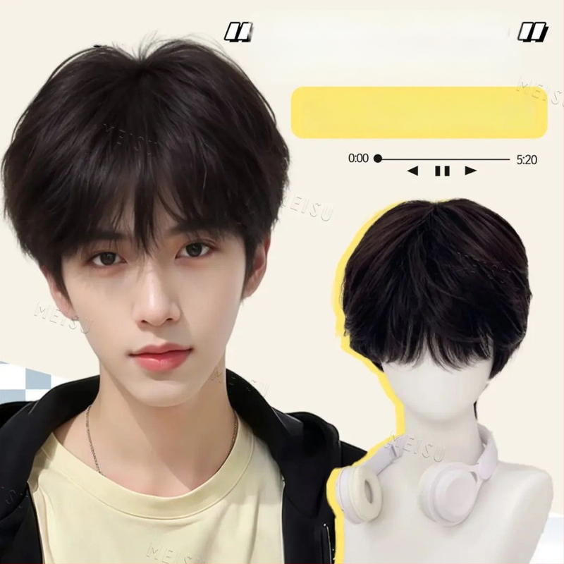 Ανδρική περούκα, τρίχες από υψηλής θερμοκρασίας μεταξωτού υλικού, ίσια φράντζα, τεχνολογία μηχανισμού, μη βαφεται ή περμανώνεται