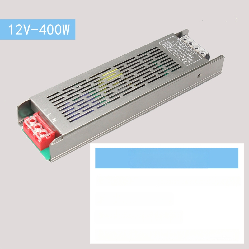 LED импулсно захранване с постоянен волтаж, вход 220 V AC, изход 12–24 V DC, до 16.6 A, 400 W, защита: претоварване, късо съединение, прекомерно напрежение, прегряване, прекомерен ток