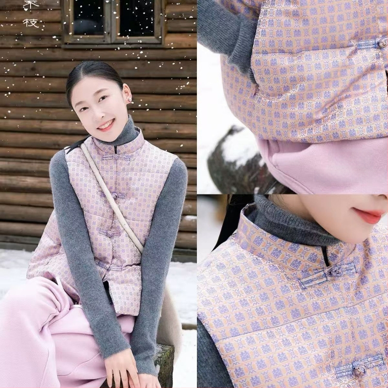 Γυναικείο γιλέκο με γέμισμα από πούπουλα-βαμβάκι, κεντητό Jacquard, χαλαρή γραμμή, στρογγυλό λαιμό, Χειμώνας 2025, ύφασμα μίξης βαμβακερού-πολυεστέρα 50–70%