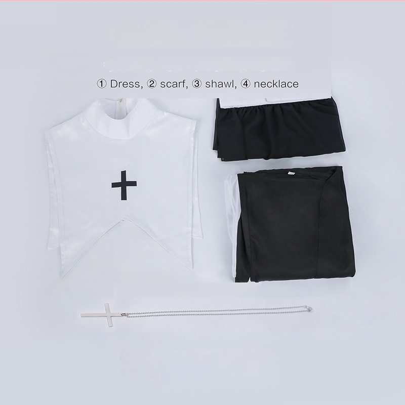 Nun cosplay ruha és hozzá tartozó szett hosszú ujjúval, retro irodalmi stílus, poliészter 95% + spandex 5%, plisírozott dizájn, téli 2022 kiadás