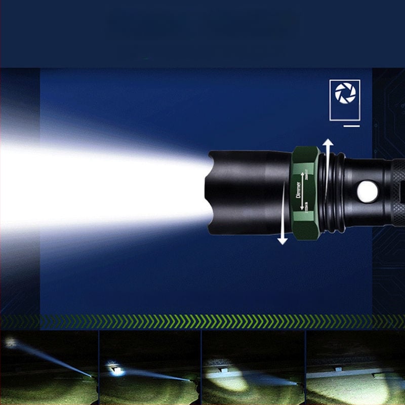 Újratölthető nagy fényerősségű zseblámpa hosszú hatótávolsággal, lézeres fényforrás, 30W, alumíniumötvözet, akkumulátorról működik, többfunkciós önvédelem