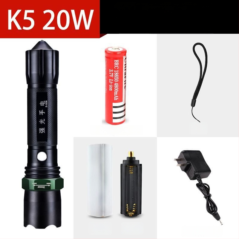 Újratölthető nagy fényerősségű zseblámpa hosszú hatótávolsággal, lézeres fényforrás, 30W, alumíniumötvözet, akkumulátorról működik, többfunkciós önvédelem