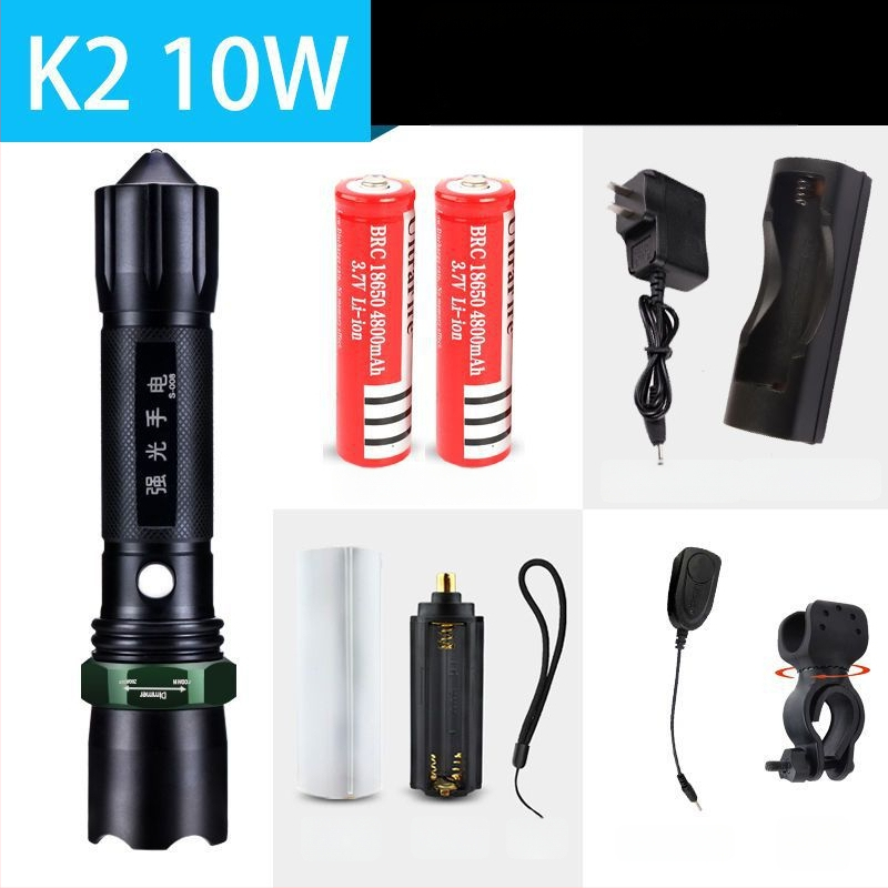 Újratölthető nagy fényerősségű zseblámpa hosszú hatótávolsággal, lézeres fényforrás, 30W, alumíniumötvözet, akkumulátorról működik, többfunkciós önvédelem