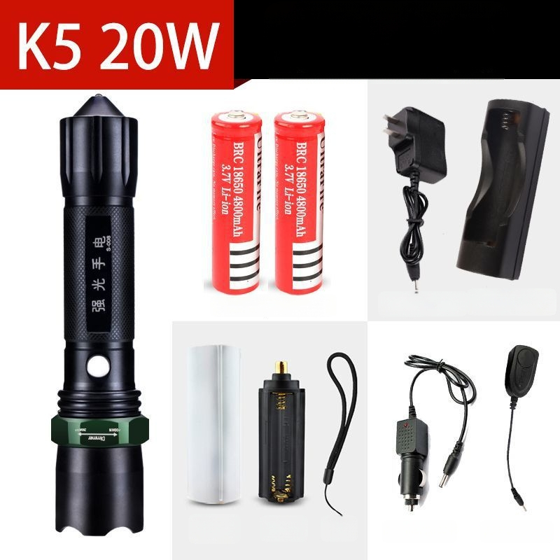 Újratölthető nagy fényerősségű zseblámpa hosszú hatótávolsággal, lézeres fényforrás, 30W, alumíniumötvözet, akkumulátorról működik, többfunkciós önvédelem