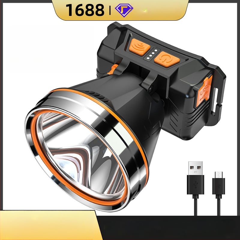 Презареждаща се LED челна лампа, 5000mAh батерия, 20W, лъч над 500 м, въртене на 360°, включено зарядно