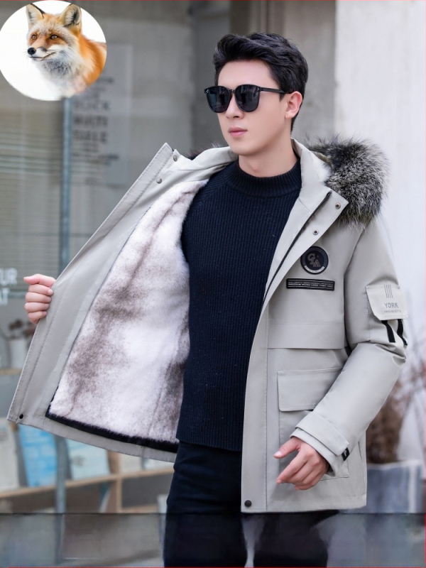 Ανδρικό γούνινο παρκά με αποσπώμενη επένδυση από νορκα και γούνα αλεπούς, φερμουάρ, μεσαίου μήκους
