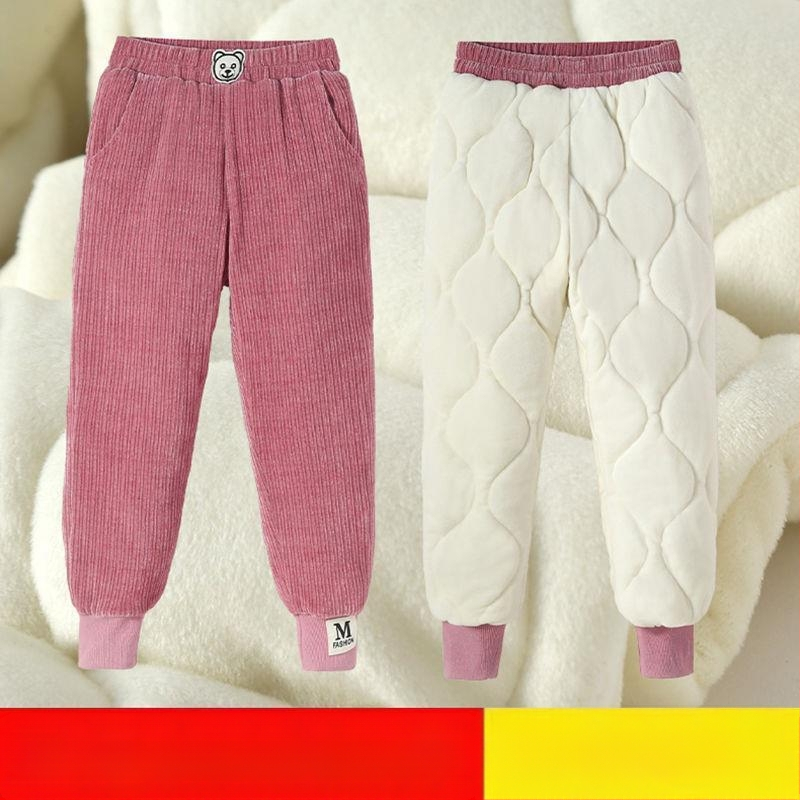 Lányoknak készült fleece-bevonatú vastag pamutnadrág, háromréteg quiltelt melegséggel, mindennapi kültéri téli viselet