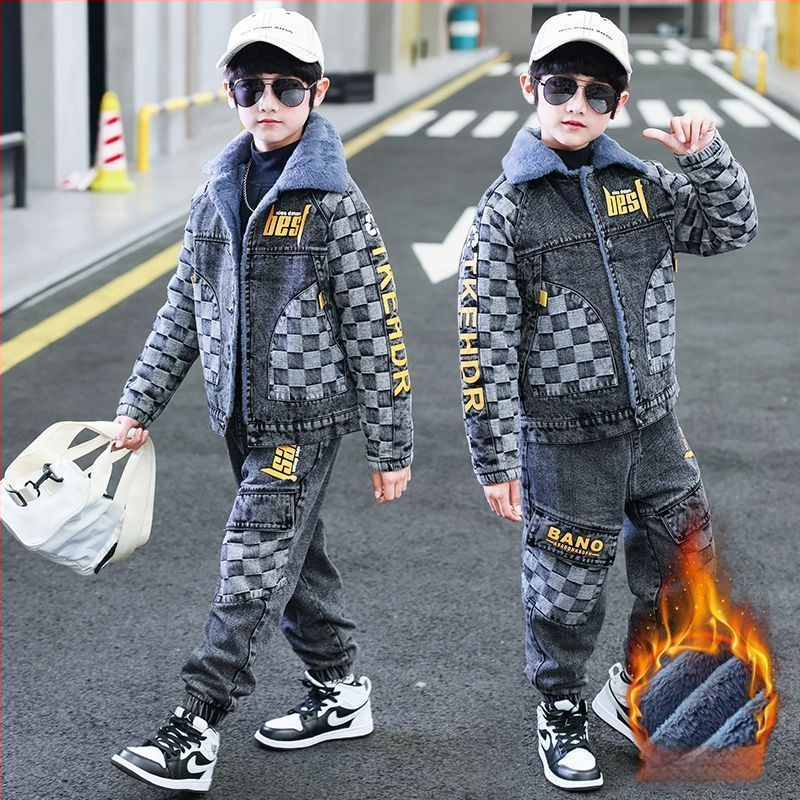 Σετ χειμωνιάτικων ρούχων για αγόρια: τζάκετ από Corduroy και τζιν, με αποσπωμένη κουκούλα, για ηλικίες 1–3 ετών