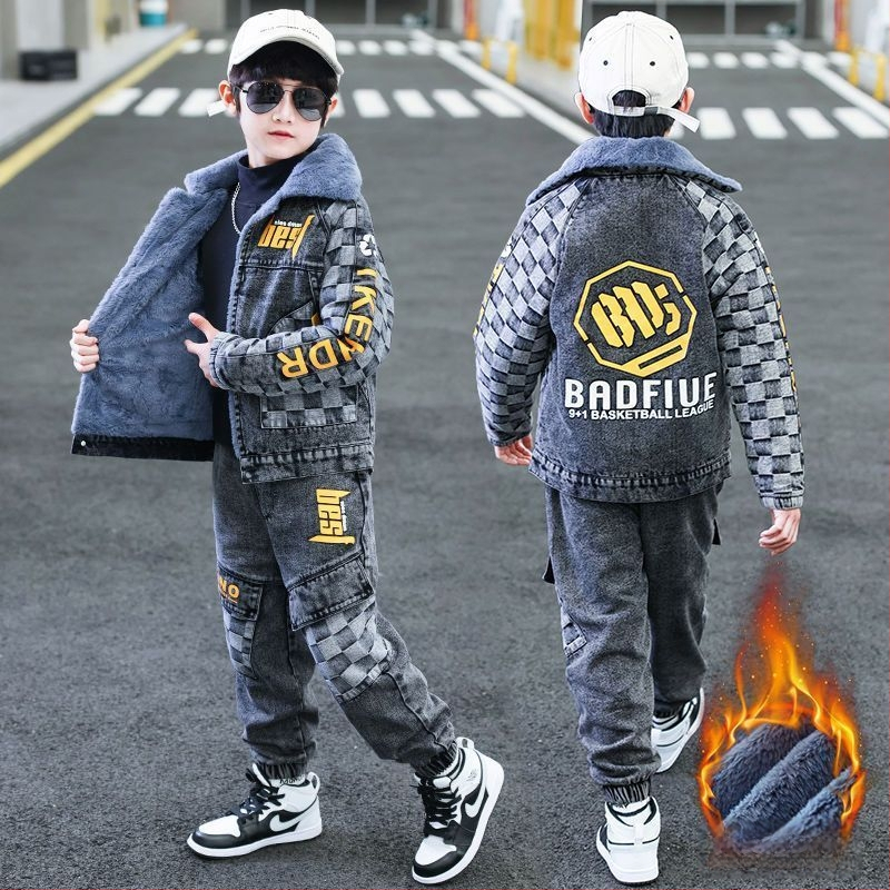 Σετ χειμωνιάτικων ρούχων για αγόρια: τζάκετ από Corduroy και τζιν, με αποσπωμένη κουκούλα, για ηλικίες 1–3 ετών