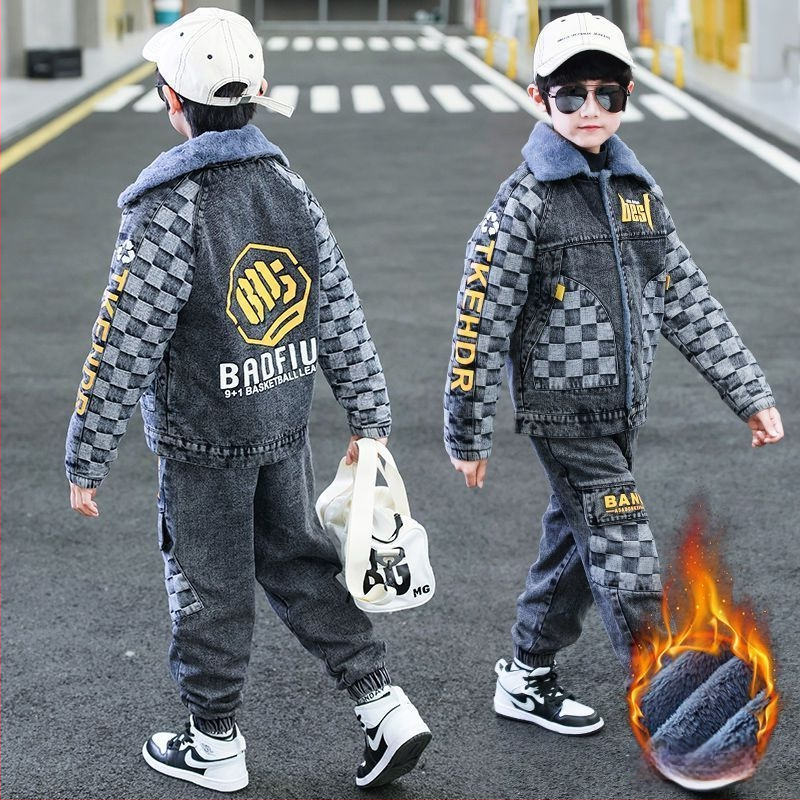 Σετ χειμωνιάτικων ρούχων για αγόρια: τζάκετ από Corduroy και τζιν, με αποσπωμένη κουκούλα, για ηλικίες 1–3 ετών