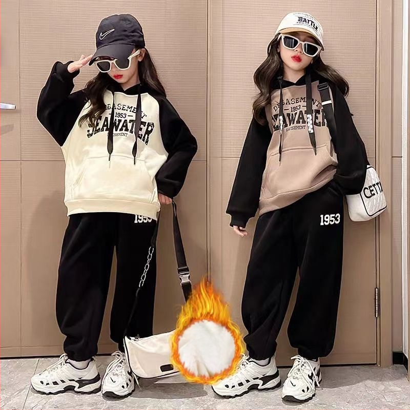 Két részes gyerekruha kapucnis pulóverrel, hosszú ujjú, Milk Silk poliészter 95.5%, koreai stílus, téli, tavaszi és őszi szezonokra