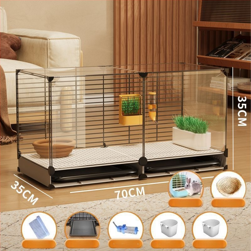 Ξύλινο κλουβί για κουνέλια, εσωτερική διαφανής βίλα και αυτόματο καθαρισμό περιττωμάτων
