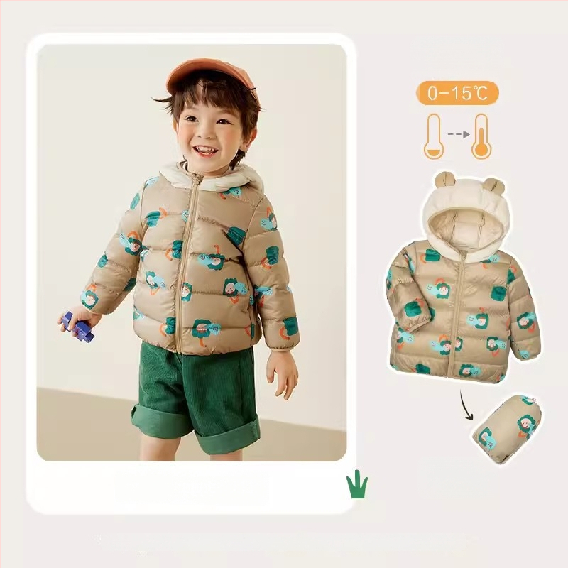 Παιδικό πουπουλένιο μπουφάν - Unisex, γέμισμα από λευκό πάπιας πούπουλο, μοτίβο καρτούν, κοντό μήκος, μη αποσπώμενη κουκούλα, για ηλικίες 1–3 ετών