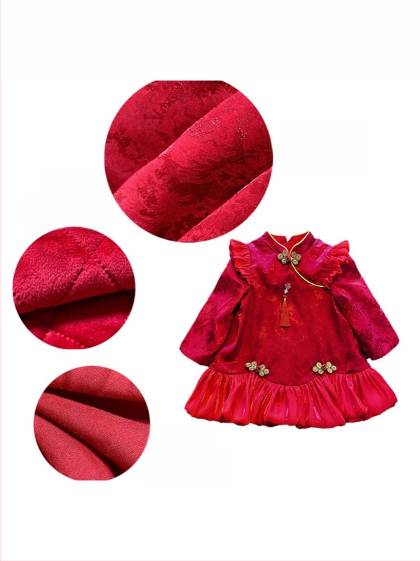 Φόρεμα για κορίτσια σε κινεζικό στυλ Cheongsam, με μακριά μανίκια, πολυεστερική ύφανση, βαμβακερή επένδυση, φούστα τύπου πιέτα