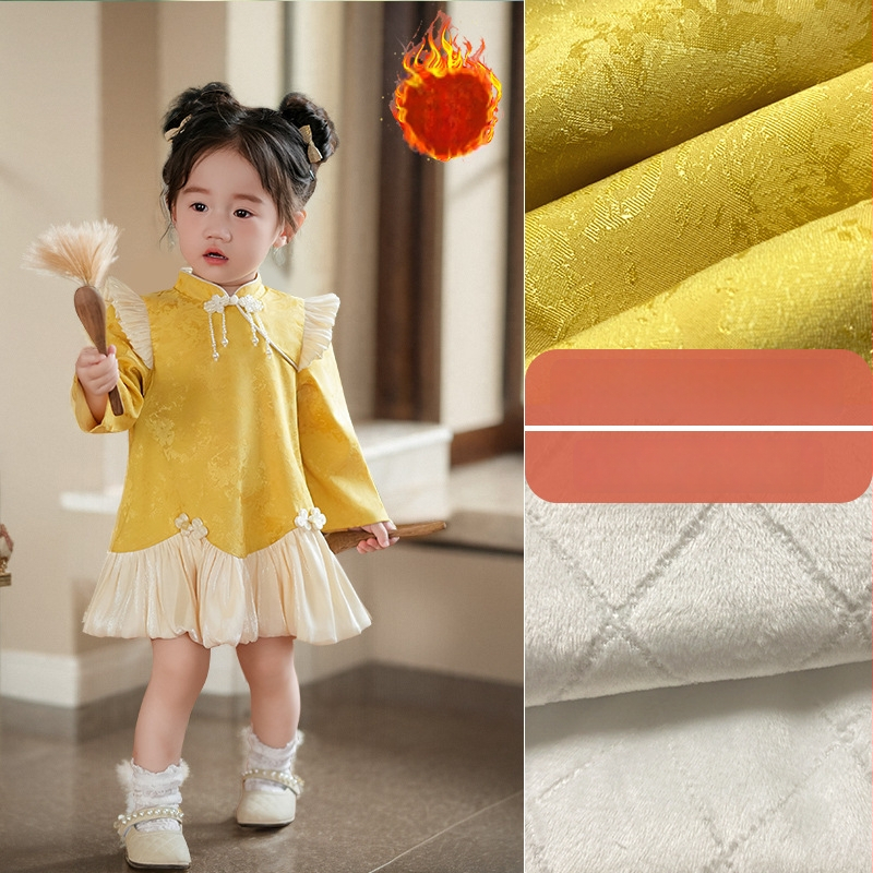 Φόρεμα για κορίτσια σε κινεζικό στυλ Cheongsam, με μακριά μανίκια, πολυεστερική ύφανση, βαμβακερή επένδυση, φούστα τύπου πιέτα