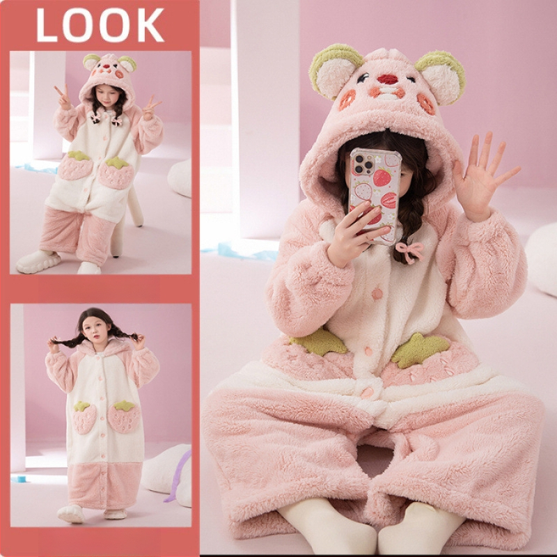 Παιδικό σετ πιτζάμας με κουκούλα από Coral Fleece (δύο τεμαχίων) – μοτίβο Cartoon, κορεατικό στυλ, χειμώνας, παχύ ύφασμα, 100% πολυεστέρας