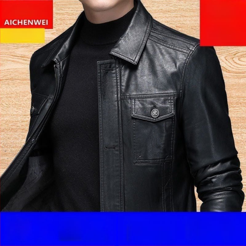 Ανδρικό PU δερμάτινο μπουφάν, κορεατικού στυλ, εφαρμοστό, πλευρικές τσέπες, μονοκόμματο κλείσιμο με κουμπιά