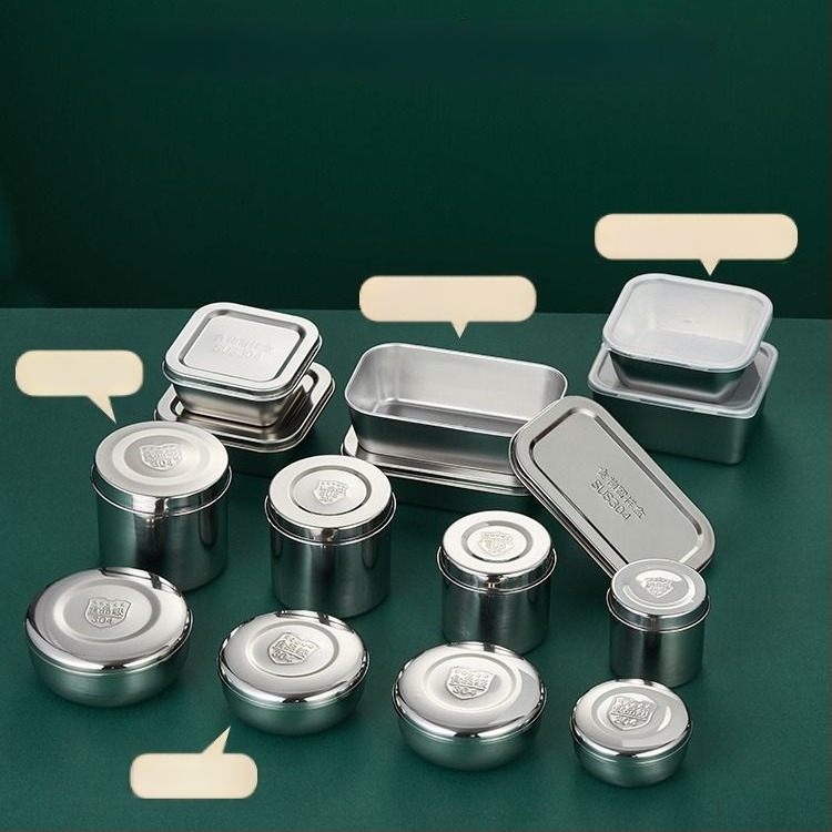 304 rozsdamentes acél minta doboz, kerek, mikrohullámú sütőben használható, 500 darab