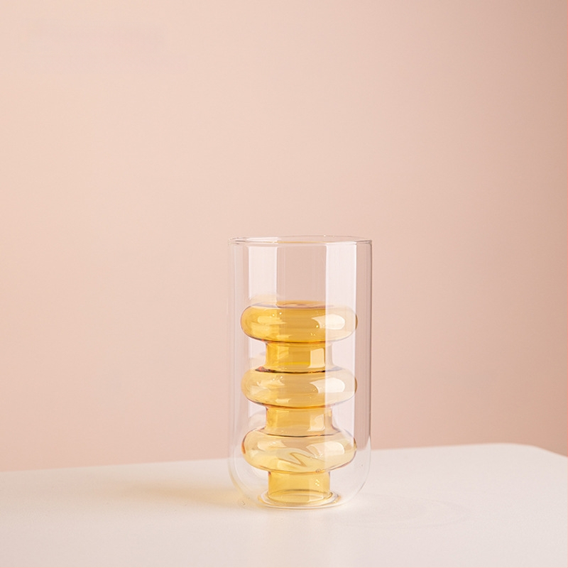 Vază din sticlă cu două straturi, design geometric, decor transparent pentru birou, semi-artizanal, stil modern de artă