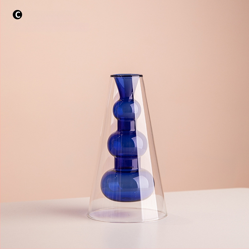 Vază din sticlă cu două straturi, design geometric, decor transparent pentru birou, semi-artizanal, stil modern de artă