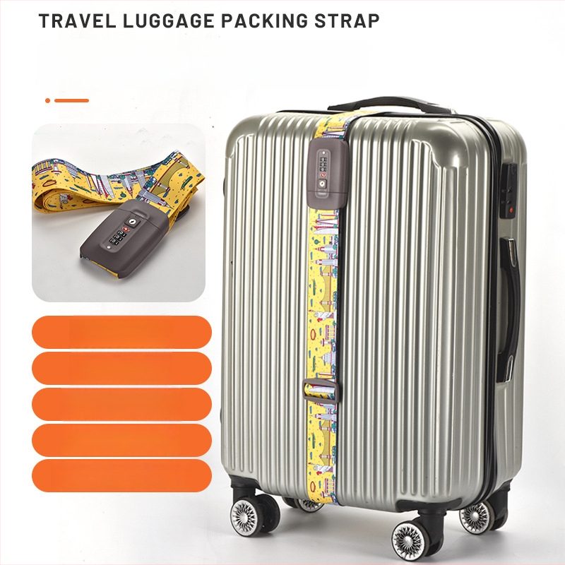 Bőrönd megerősítő pánt nyomtatással; Anyag: nylon/poliészter/polipropilén; Modell: One-Word/Cross; Zár típus: Customs Lock TSA súlyával; Nyomtatási folyamat: szitnyomás, hőátvitel, Jacquard