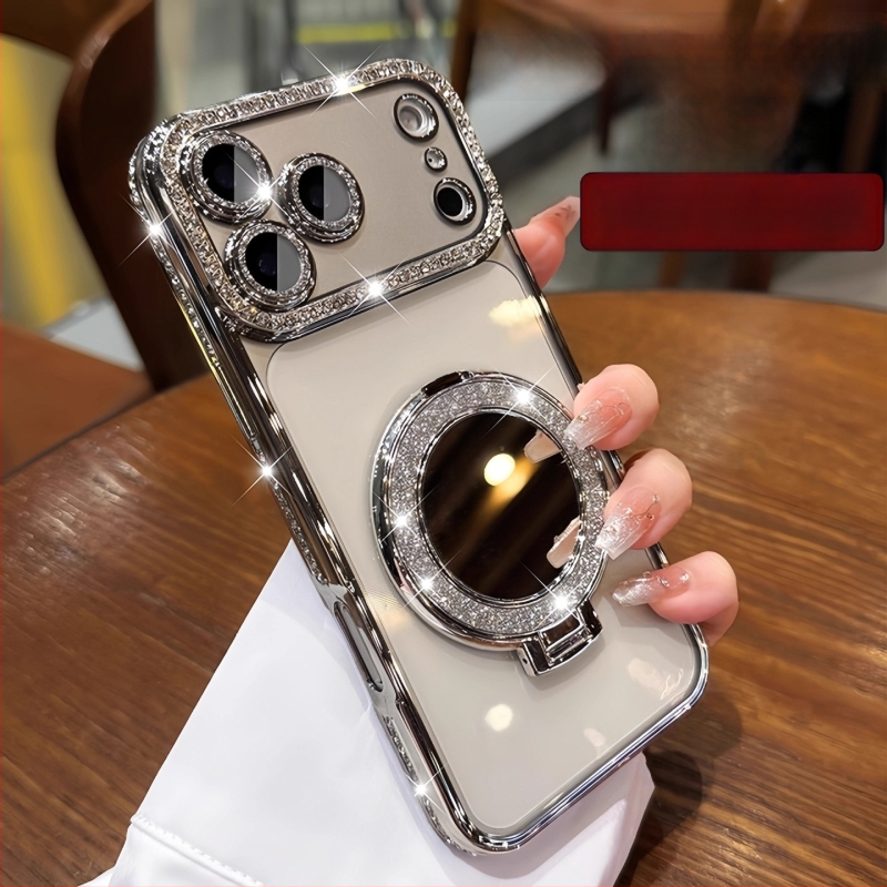 Silikonska maska za iPhone 17 Pro Max sa blistavim ogledalom, magnetskim držačem, cirkon kamenčićima i luksuznom zaštitom