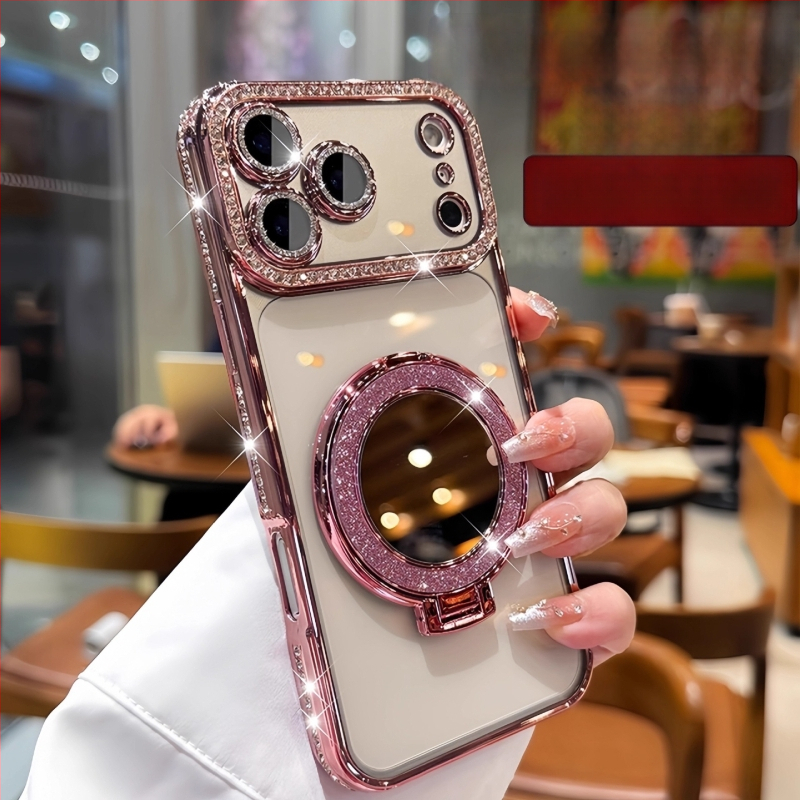 Silikonska maska za iPhone 17 Pro Max sa blistavim ogledalom, magnetskim držačem, cirkon kamenčićima i luksuznom zaštitom