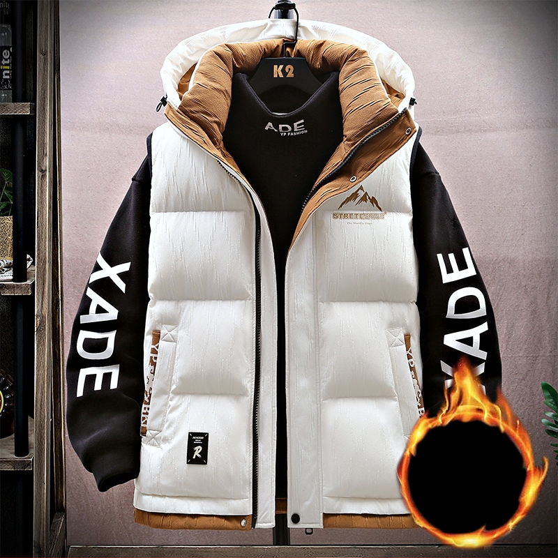 Fiatalos kapucnis mellény téli viselet, cipzárral, laza szabás, geometriai minta