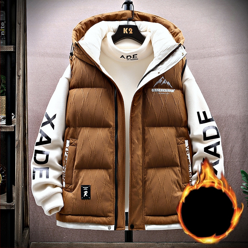 Fiatalos kapucnis mellény téli viselet, cipzárral, laza szabás, geometriai minta