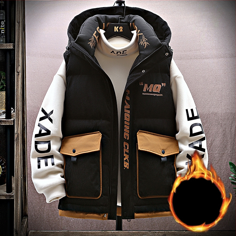 Fiatalos kapucnis mellény téli viselet, cipzárral, laza szabás, geometriai minta