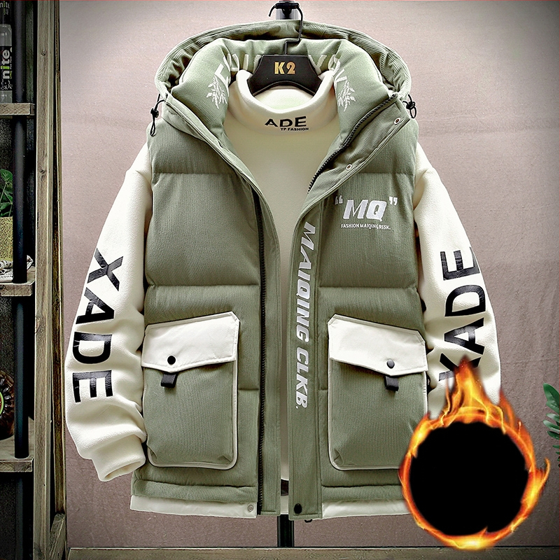 Fiatalos kapucnis mellény téli viselet, cipzárral, laza szabás, geometriai minta