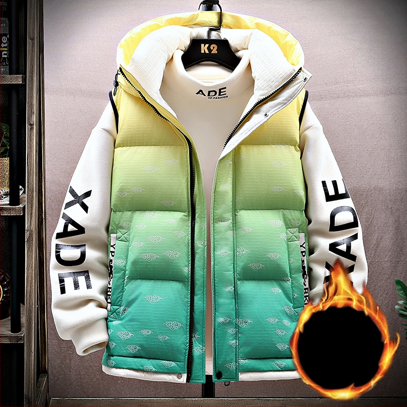 Fiatalos kapucnis mellény téli viselet, cipzárral, laza szabás, geometriai minta