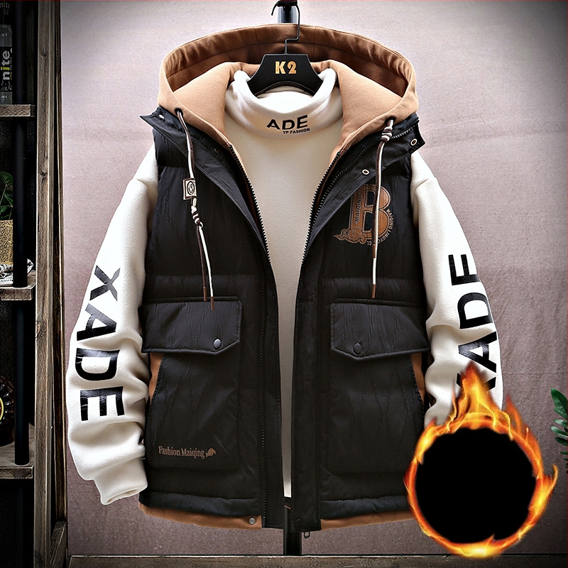 Fiatalos kapucnis mellény téli viselet, cipzárral, laza szabás, geometriai minta