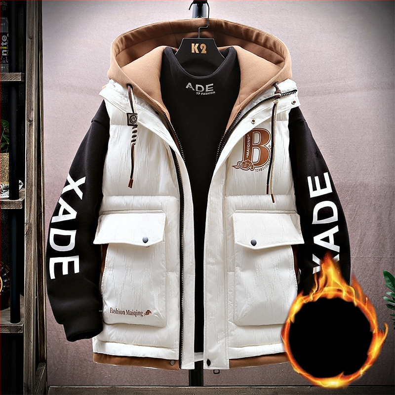 Fiatalos kapucnis mellény téli viselet, cipzárral, laza szabás, geometriai minta