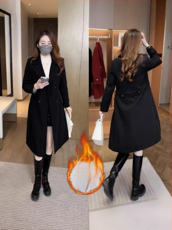 Dámsky kabát s fleecovou podšívkou, stredná dĺžka, voľný strih, polyester, stredná hrúbka, dvojradové gombíky