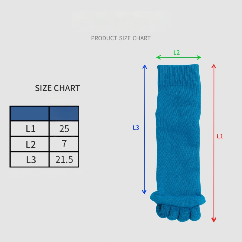 Чорапи за йога с пет пръсти - до средата на прасеца, разделени пръсти и открит пръст, попиване на пот, полиестерово влакно (70-80%)