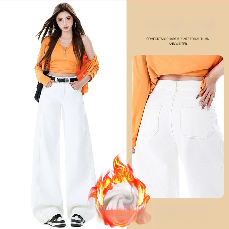 Jeansi de damă cu croi larg din denim din bumbac, talie ultra joasă, lungime medie, căptuți cu fleece