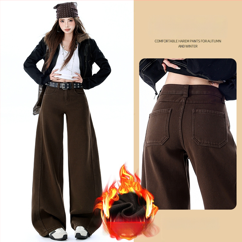 Jeansi de damă cu croi larg din denim din bumbac, talie ultra joasă, lungime medie, căptuți cu fleece