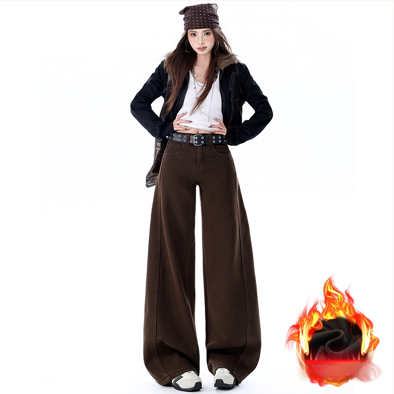 Jeansi de damă cu croi larg din denim din bumbac, talie ultra joasă, lungime medie, căptuți cu fleece