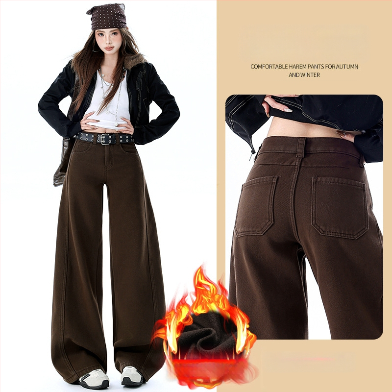 Jeansi de damă cu croi larg din denim din bumbac, talie ultra joasă, lungime medie, căptuți cu fleece