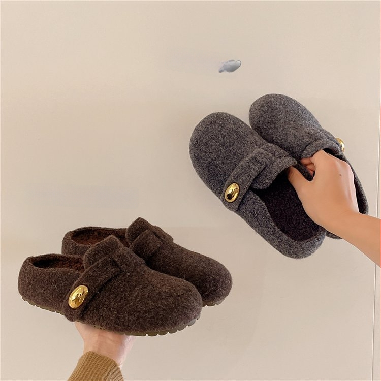 Papuci pluș cu talpă groasă - talpă din cauciuc, iarna 2025, talpă plată, stil casual