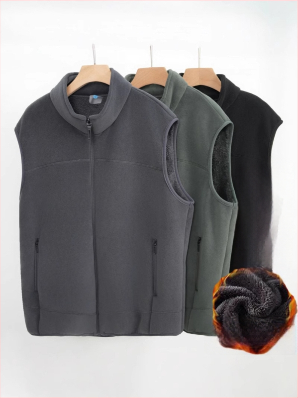 Férfi koreai stílusú fleece mellény, lazán szabott, cipzárral, őszi 2024