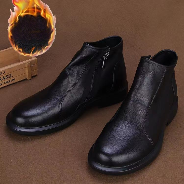 Ανδρικά μποτάκια από δέρμα πρώτης στρώσης βοδινού, καουτσούκ σόλα, πλευρικό φερμουάρ, διαπνέοντα, χειμωνιάτικα