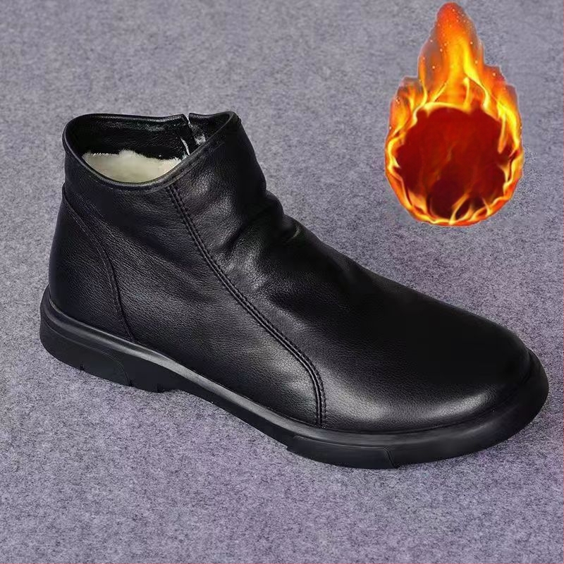 Ανδρικά μποτάκια από δέρμα πρώτης στρώσης βοδινού, καουτσούκ σόλα, πλευρικό φερμουάρ, διαπνέοντα, χειμωνιάτικα
