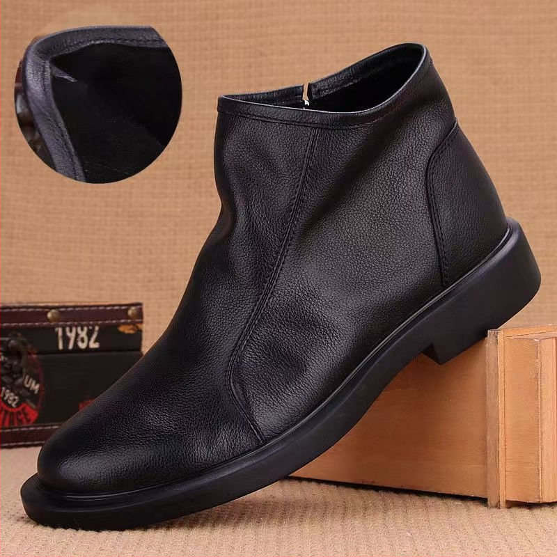 Ανδρικά μποτάκια από δέρμα πρώτης στρώσης βοδινού, καουτσούκ σόλα, πλευρικό φερμουάρ, διαπνέοντα, χειμωνιάτικα