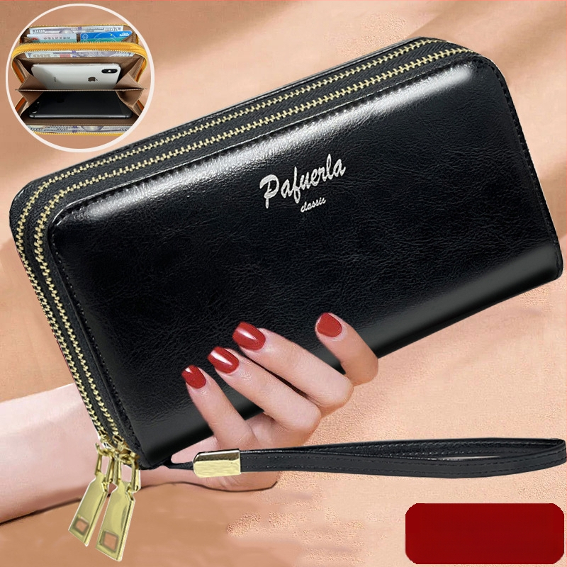Γυναικείο κλατς πορτοφόλι από γνήσιο δέρμα με διπλό φερμουάρ, οριζόντιο τετράγωνο σχήμα, εσωτερικές θήκες για τηλέφωνο και ID, άνοιξη 2025