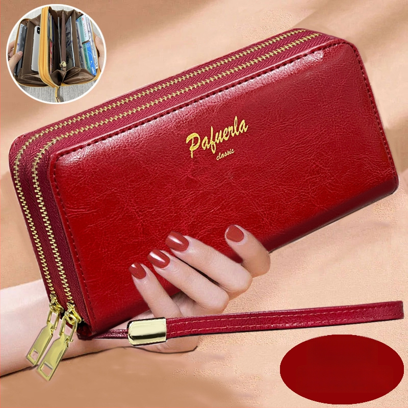 Γυναικείο κλατς πορτοφόλι από γνήσιο δέρμα με διπλό φερμουάρ, οριζόντιο τετράγωνο σχήμα, εσωτερικές θήκες για τηλέφωνο και ID, άνοιξη 2025