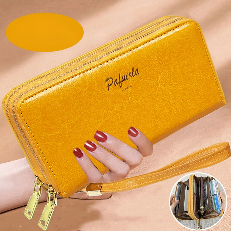Γυναικείο κλατς πορτοφόλι από γνήσιο δέρμα με διπλό φερμουάρ, οριζόντιο τετράγωνο σχήμα, εσωτερικές θήκες για τηλέφωνο και ID, άνοιξη 2025