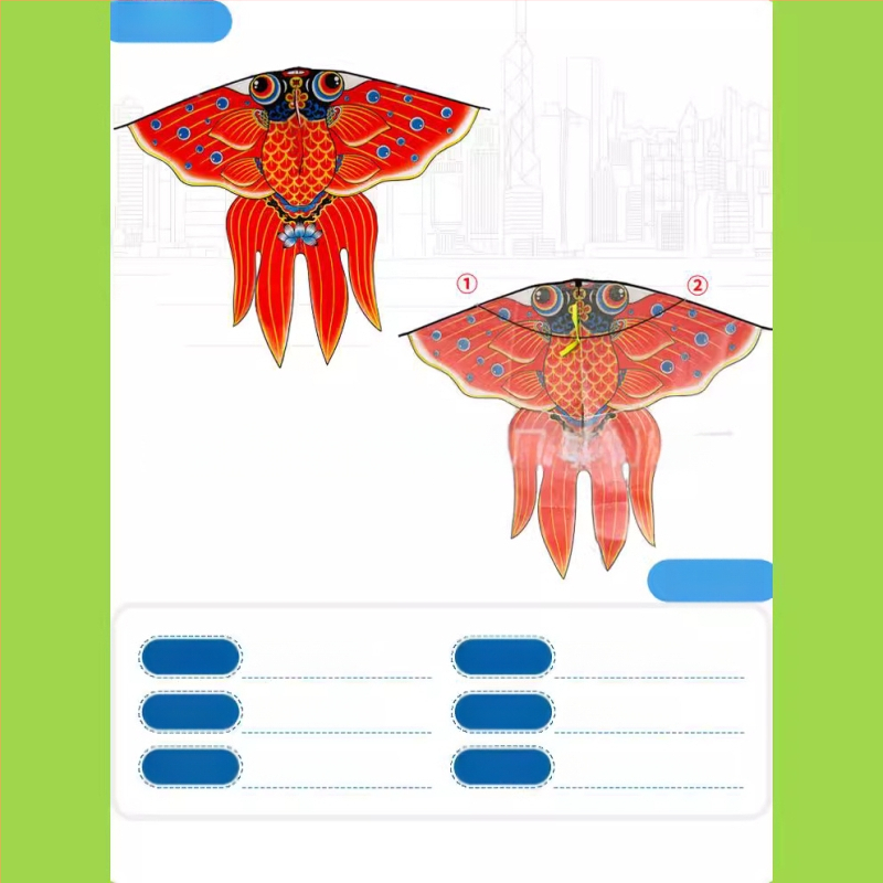 Τρίγωνος χαρταετός με σχέδιο φουσκωμένου χρυσόψαρου τεσσάρων φτερών, χειροποίητος, πολυεστέρας, σκελετός από ίνες γυαλιού