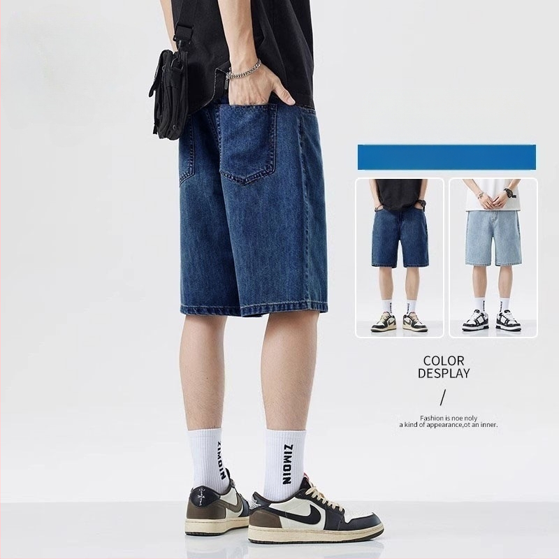 Șorturi denim pentru bărbați, croială dreaptă, talie medie, lungime cinci sferturi, micro-elasticitate, 100% poliester